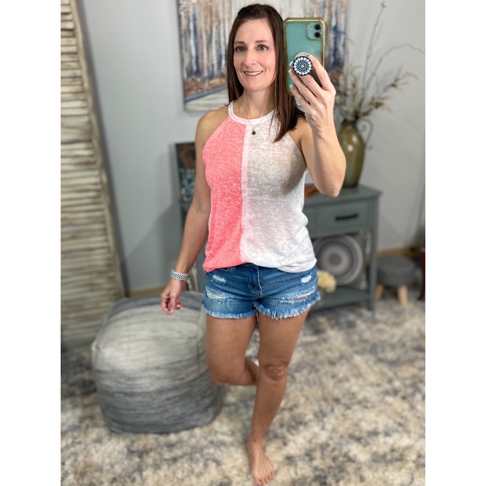 ❤️‍🔥Halter Color Block Racerback Burnout Scoop Neck Tank Neon Pink White 0622 - Picture 7 of 10